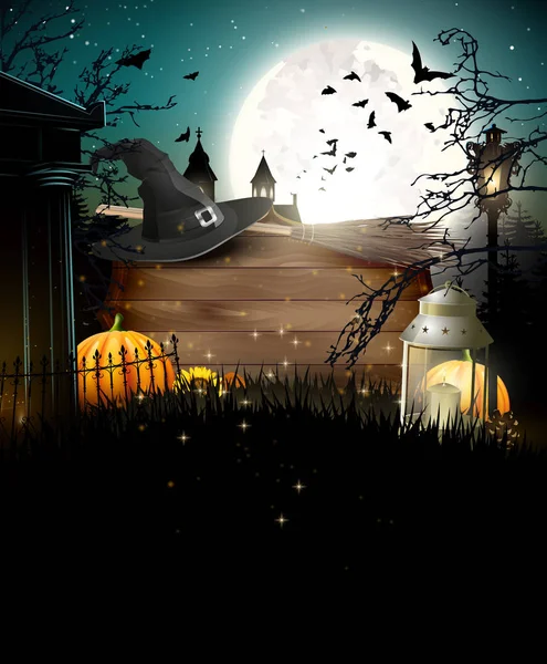 Affiche Halloween Avec Citrouilles Autres Décorations Traditionnelles Halloween Devant Paysage — Image vectorielle