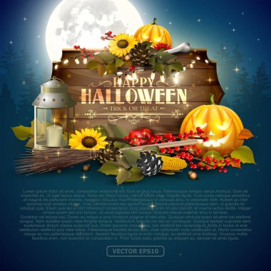 Cadılar Bayramı tebrik kartı geleneksel süslemeleri ve ahşap işareti.