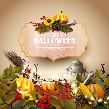 Kabaklar ve diğer geleneksel Halloween süslemeleri Cadılar Bayramı tebrik kartı.