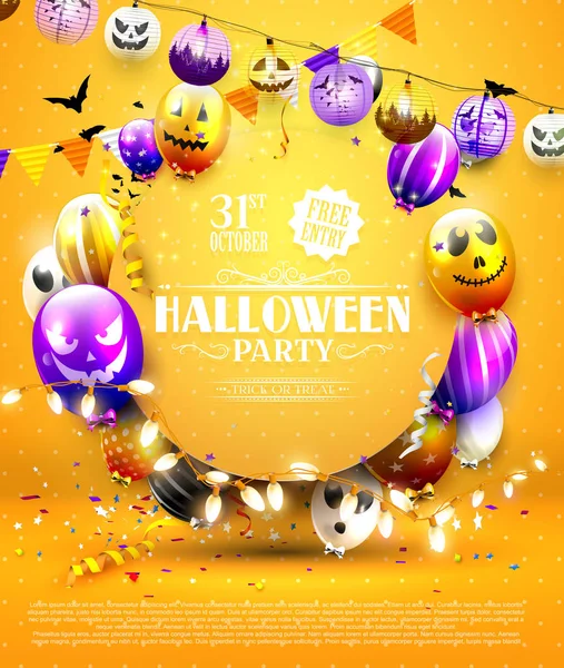 Halloween Party Mall Med Färgglada Ballonger Med Skrämmande Ansikten — Stock vektor