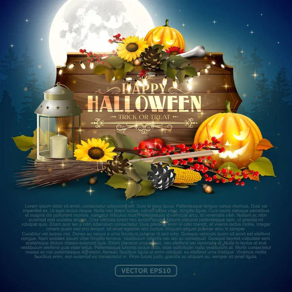 Cadılar Bayramı tebrik kartı geleneksel süslemeleri ve ahşap işareti.