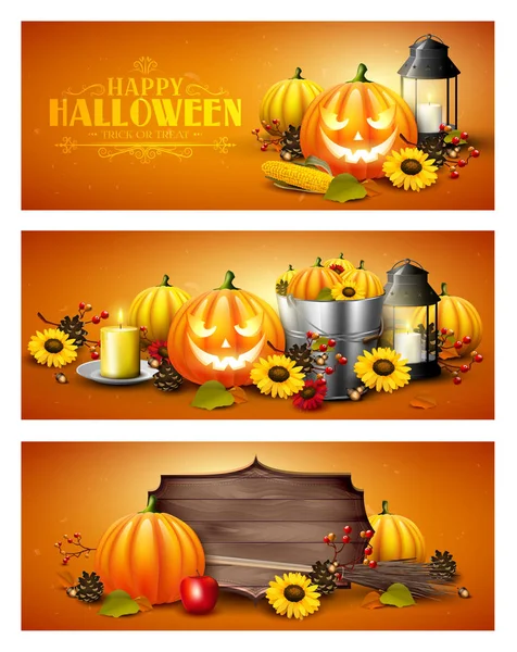 Conjunto Vectorial Tres Cabeceras Pancartas Halloween Con Decoraciones Tradicionales Halloween — Vector de stock