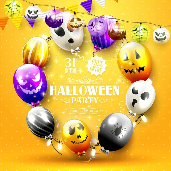 Halloween Parti Şablonu Korkunç Yüzü Olan Renkli Balonlar Ile — Stok Vektör