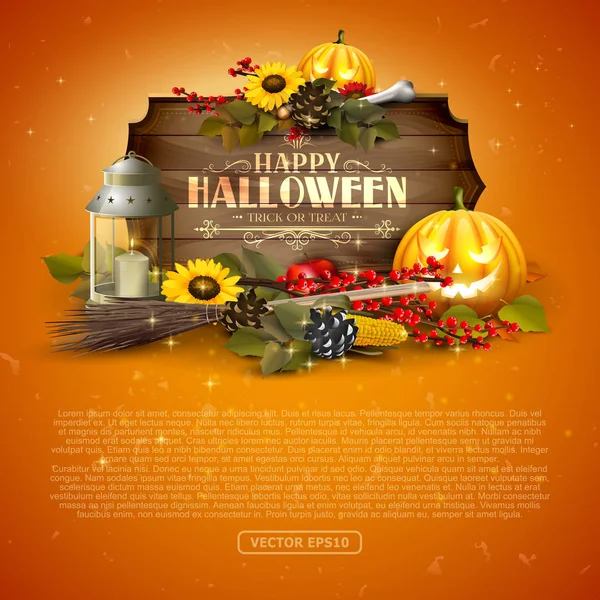 Tarjeta Felicitación Halloween Con Decoraciones Tradicionales Letrero Madera — Vector de stock