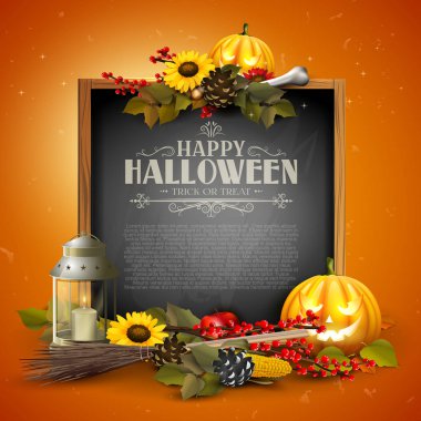 Cadılar Bayramı tebrik kartı geleneksel süslemeleri ve ahşap işareti.