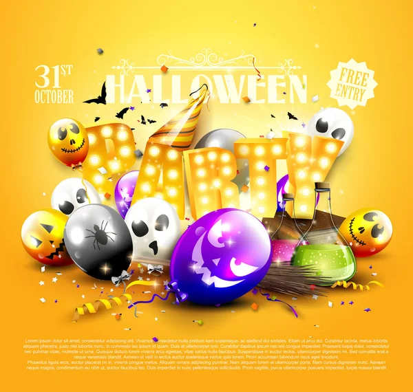 Halloween Party Flyer Colorful Balloons Scary Faces — Stock Vector