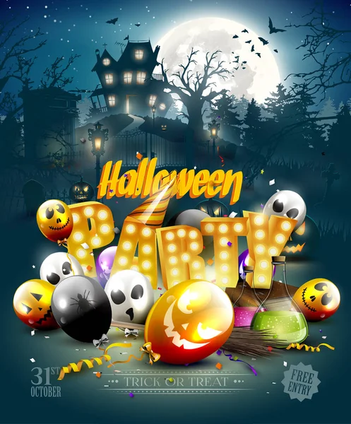 Fundo Festa Halloween Com Balões Confete Cemitério Assustador Casa Floresta — Vetor de Stock