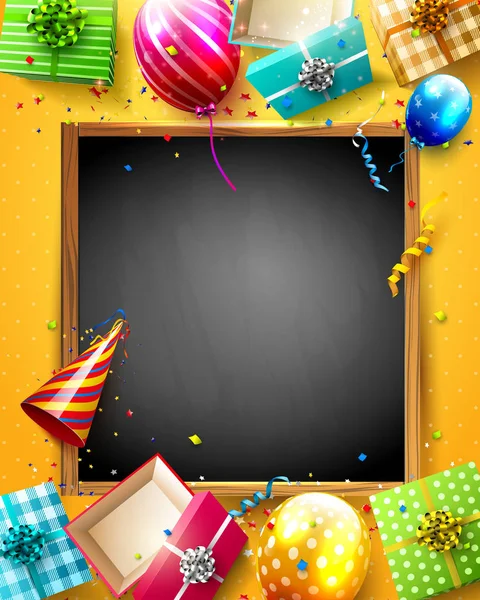 豪华派对气球和橙色背景的纸屑 聚会或生日模板 — 图库矢量图片