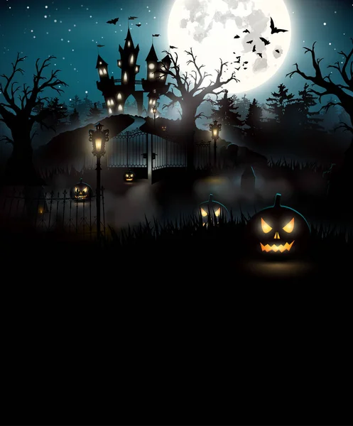 Skrämmande Kyrkogård Och Slottet Skogen Halloween Bak — Stock vektor