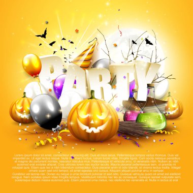 Modern Cadılar Bayramı partisi arka plan balon, konfeti ve Halloween süslemeleri.