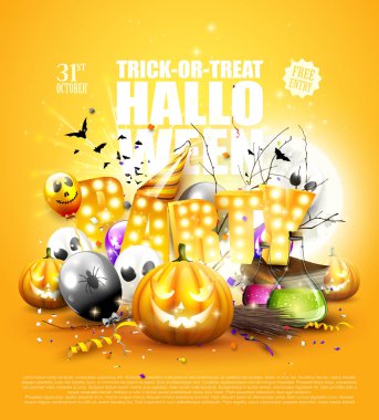 Modern Cadılar Bayramı partisi arka plan balon, konfeti ve Halloween süslemeleri.