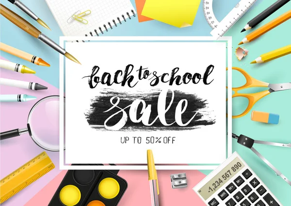 Back School Sale Trendy Design Flyer Brush Lettering School Accessories — Stock Vector
