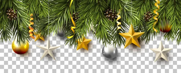 Frontera Navideña Con Ramas Abeto Conos Pino Decoraciones Navideñas — Vector de stock