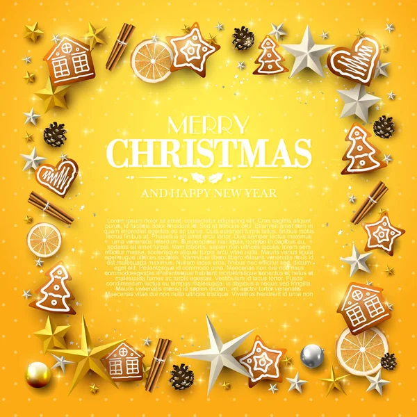 Розкішний Різдвяний Шаблон Золотими Срібними Зірками Пряниками Апельсиновими Скибочками Корицею — стоковий вектор