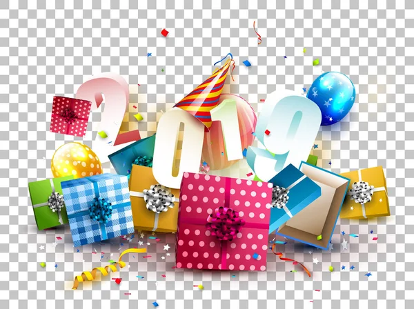 新年快乐 2019 彩色礼品盒 气球和党的帽子在透明的背景下 — 图库矢量图片