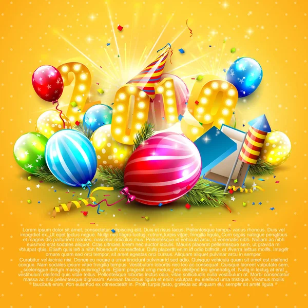 Happy New Year 2019 Flyer Baloane Colorate Cadouri Pălărie Petrecere — Vector de stoc