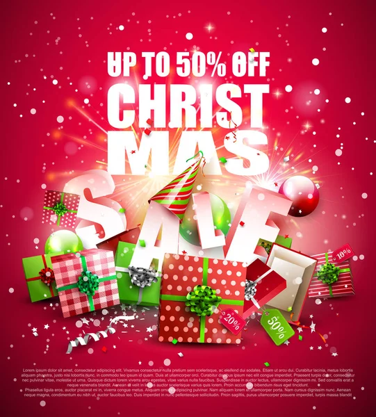 豪华圣诞销售海报与礼品盒和华而不实在红色背景 — 图库矢量图片