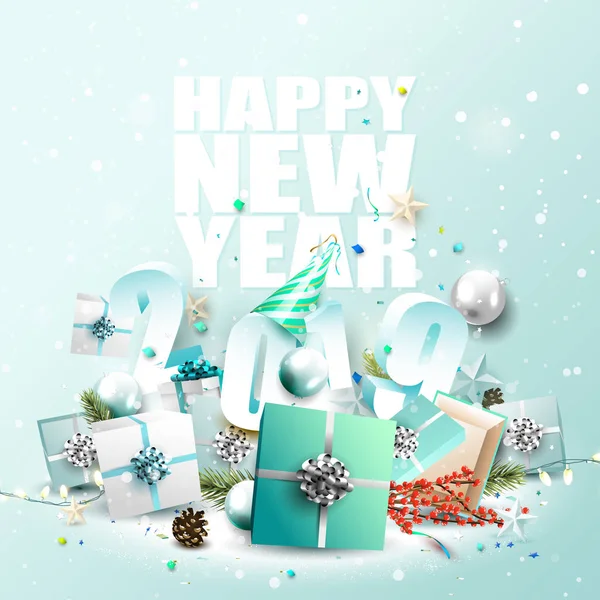 Новым 2019 Годом Флаер Красочными Подарочными Коробками Воздушными Шарами Шляпой — стоковый вектор