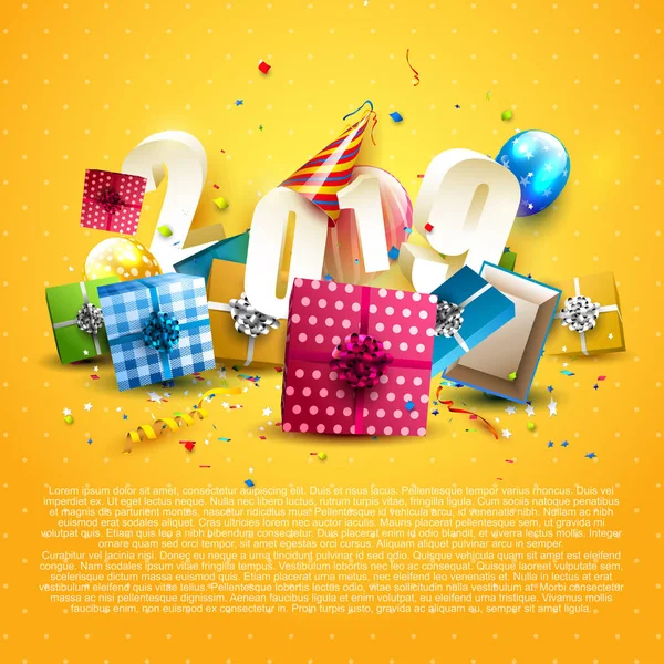 Новым 2019 Годом Флаер Разноцветными Подарочными Коробками Воздушными Шарами Шляпой — стоковый вектор