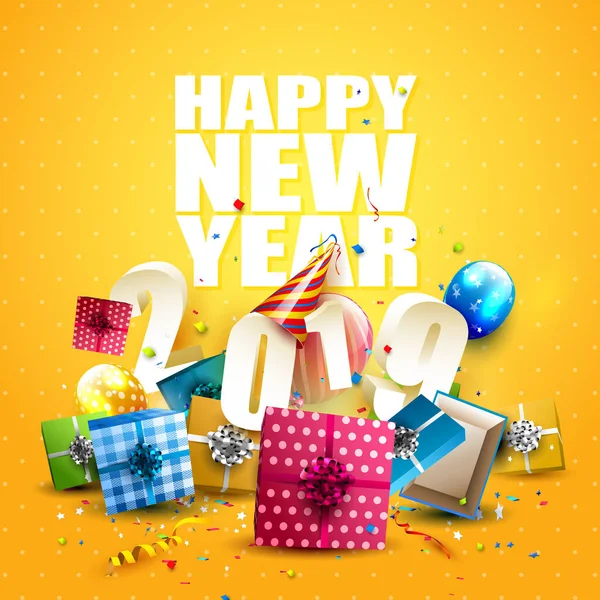 新年あけましておめでとうございます 2019 カラフルなギフト ボックス バルーン オレンジ色の背景にパーティー ハット付きチラシ — ストックベクタ