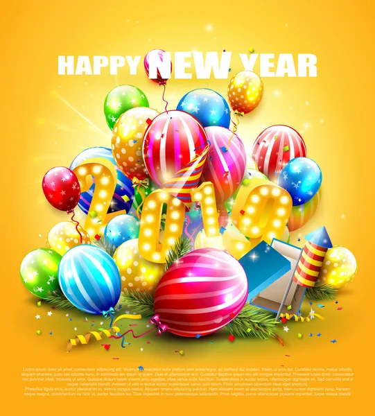 新年あけましておめでとうございます 2019 カラフルなギフト ボックス バルーン オレンジ色の背景にパーティー ハット付きチラシ ロイヤリティフリーストックベクター