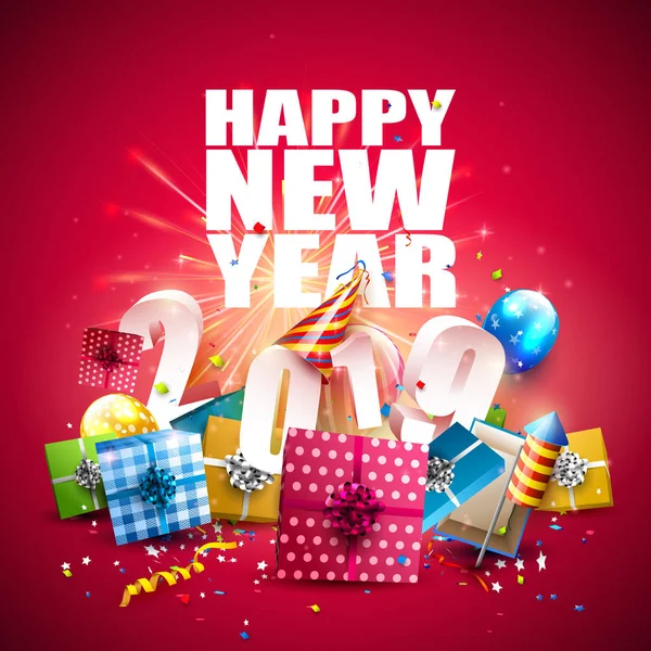 新年あけましておめでとうございます 2019 カラフルなギフト用の箱 風船赤の背景にパーティー ハットとチラシ ストックベクター