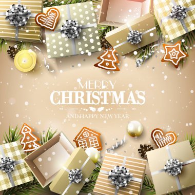 Noel hediye kutuları, gingerbreads ve altın arka plan - lüks Noel tebrik kartı dallarda