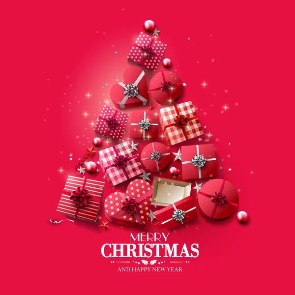 Πολυτελή Χριστούγεννα Ευχετήρια Κάρτα Αστέρια Κουτιά Δώρων Και Στολίδια Σχήμα — Διανυσματικό Αρχείο
