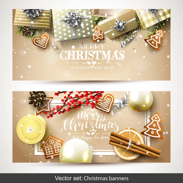 向量集的两个圣诞节横幅用黄金礼品盒 树枝和黄金背景上的小玩意 — 图库矢量图片