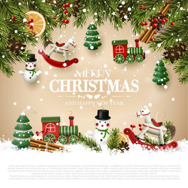 Ahşap oyuncak süslemeleri ile geleneksel Noel tebrik kartı