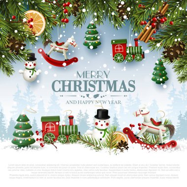 Ahşap oyuncak süslemeleri ile geleneksel Noel tebrik kartı