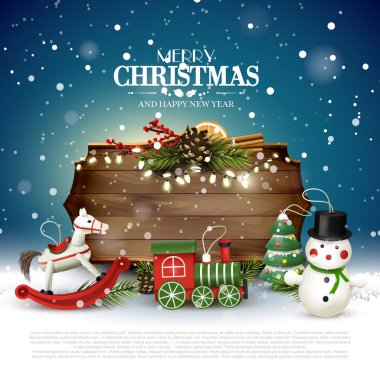 Ahşap dekorasyon işareti ve oyuncaklar ile Noel tebrik kartı