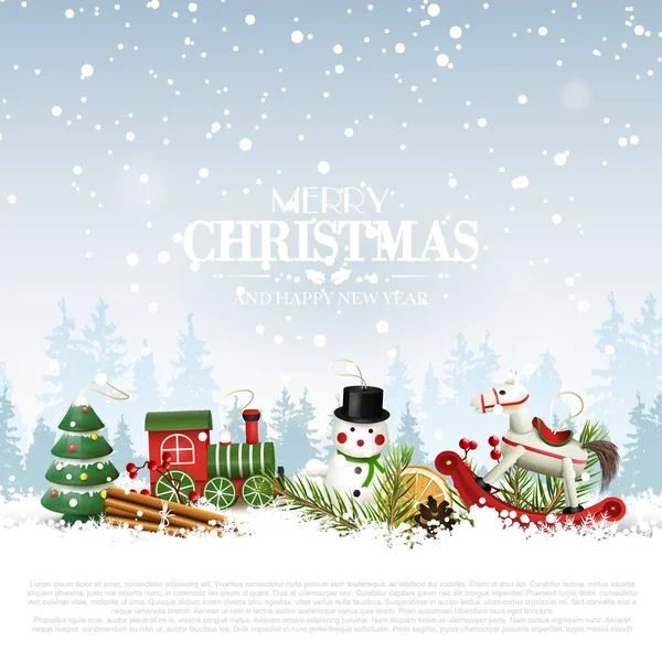 Παραδοσιακό Χριστουγεννιάτικο Φόντο Διακοσμητικά Ξύλινα Παιχνίδια Μπροστά Από Χειμερινό Τοπίο — Διανυσματικό Αρχείο