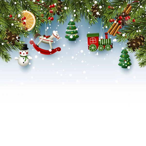 Traditionele Kerstmis Achtergrond Met Houten Speelgoed Decoraties — Stockvector