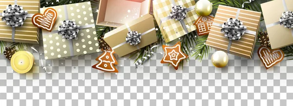 Noel Hediye Kutuları Dalları Gingerbreads Ile Sınır — Stok Vektör