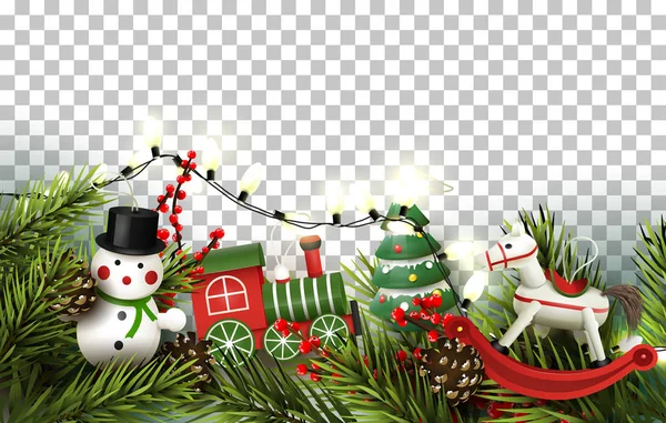 Bordure Noël Avec Branches Jouets Bois Décorations — Image vectorielle