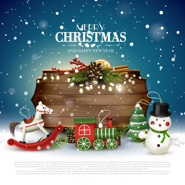 Weihnachtsgrußkarte Mit Holzschild Und Spielzeugdekoration — Stockvektor