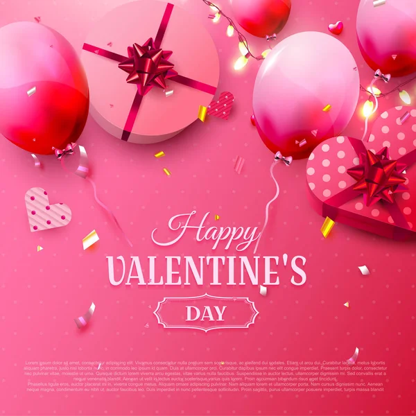 ピンクと赤の風船とギフト ボックス バレンタインのグリーティング カード — ストックベクタ