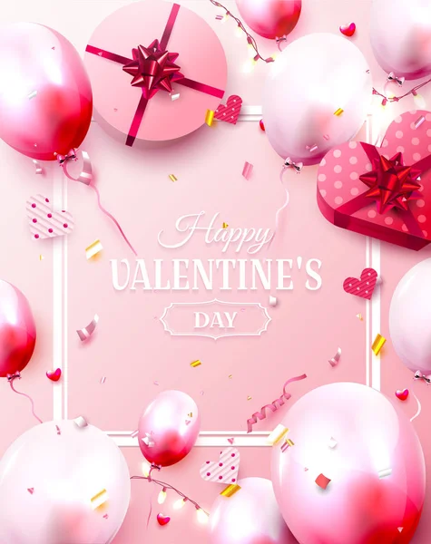 Valentinstag Grußkarte Mit Rosa Und Roten Luftballons Und Geschenkschachteln — Stockvektor