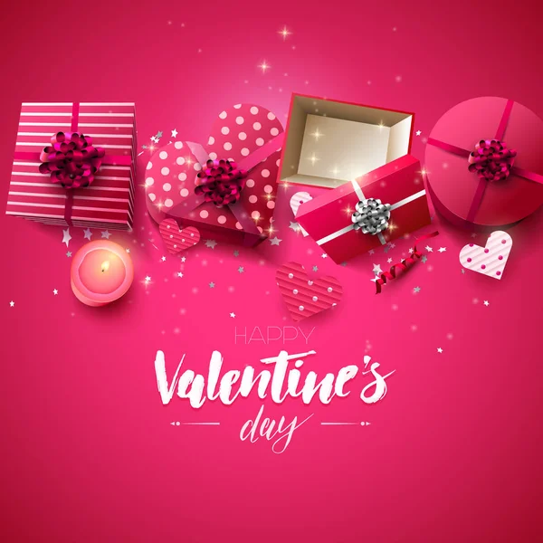 Valentinstag Grußkarte Mit Geschenkschachteln Kerze Und Papierherzen Auf Rosa Hintergrund — Stockvektor