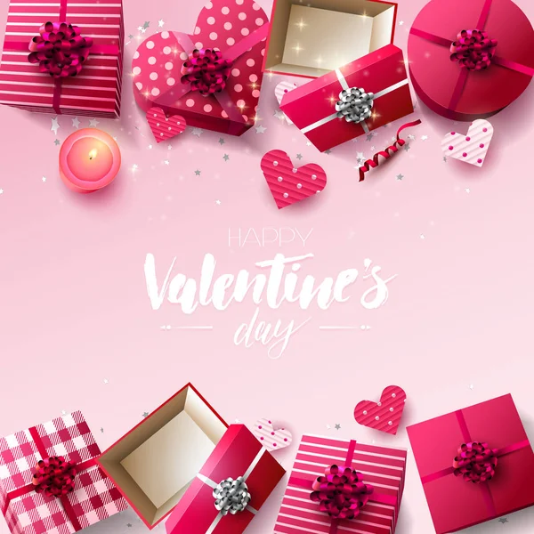 Valentinstag Grußkarte Mit Geschenkschachteln Kerze Und Papierherzen Auf Rosa Hintergrund — Stockvektor