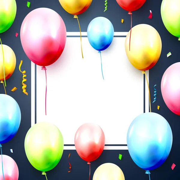 Tarjeta Felicitación Feliz Cumpleaños Con Globos Confeti Sobre Fondo Azul — Vector de stock