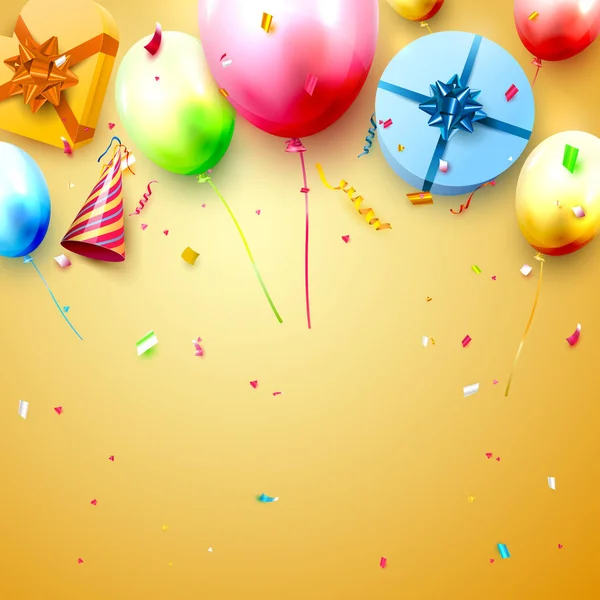 Happy Birthday Party Vorlage Mit Bunten Luftballons Geschenkschachteln Und Konfetti — Stockvektor