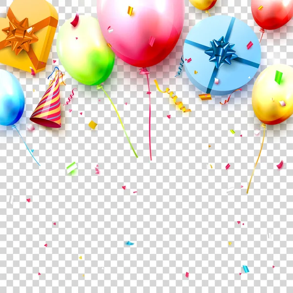快乐的生日派对模板与五颜六色的气球 礼品盒和五彩纸屑透明的背景 文本的空间 — 图库矢量图片