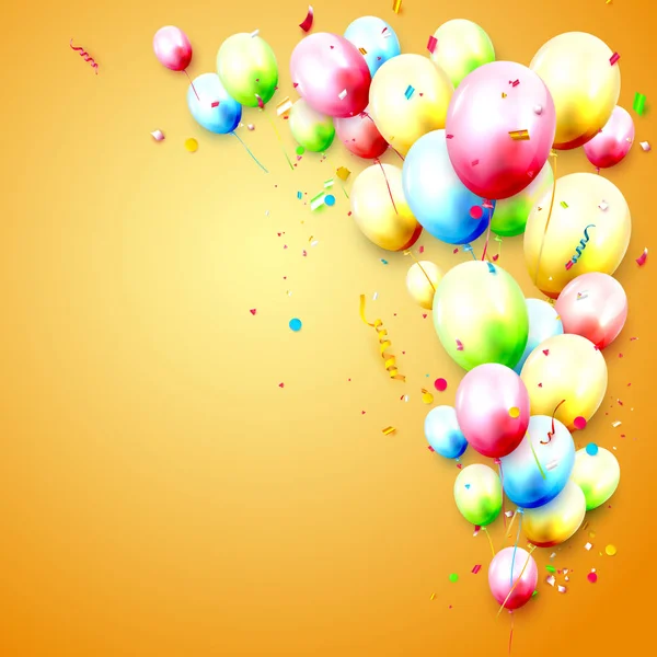生日模板与五颜六色的生日气球和五彩纸屑橙色的背景 为您的留言的地方 — 图库矢量图片