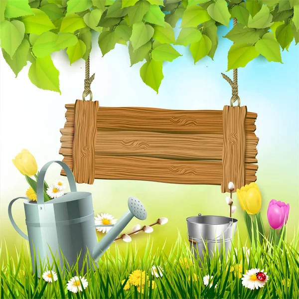 Wiosną Tło Liści Drewniany Znak Podlewania Trawie — Wektor stockowy