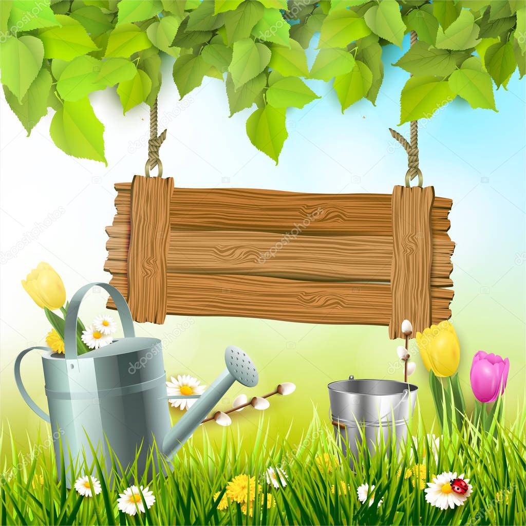 Spring background with leaves, wooden sign and watering an in the grass