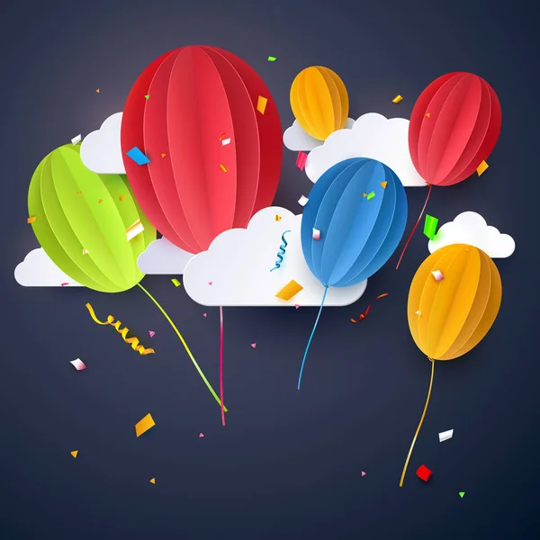 Folleto Cumpleaños Fondo Póster Con Globos Papel Colores Nubes Estilo — Vector de stock