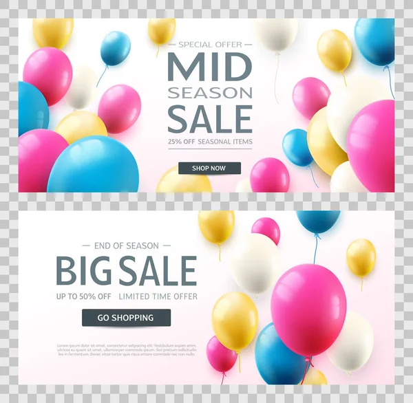 Gran venta estacional. Oferta especial celebrar banderas con globos de aire de colores . — Archivo Imágenes Vectoriales