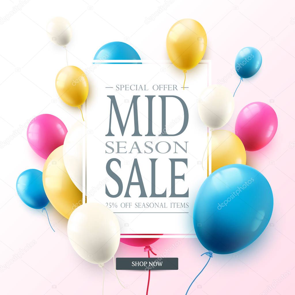 Big seasonal sale. Special offer celebrate banner with colorful air balloons. 